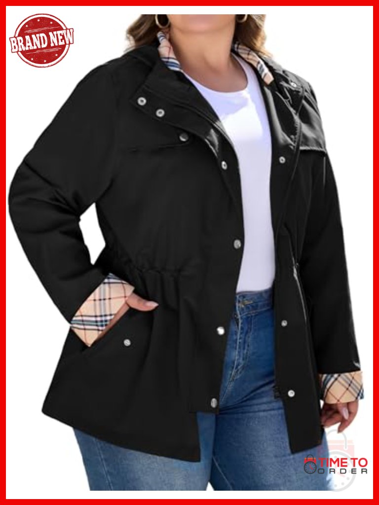 Plus Size Long Raincoat Hooded Waterproof Trench Coat